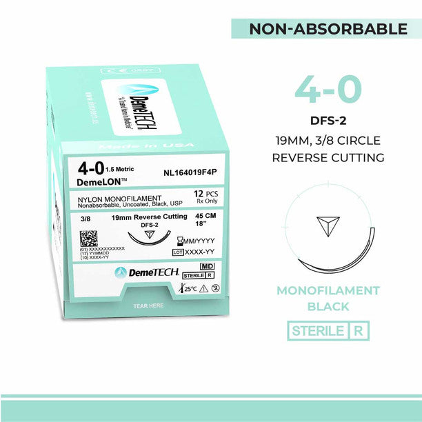 Nylon Monofilament, 4-0, 18", DFS-2 Non-Absorbable Suture, Reverse Cutting, Black 12/Box