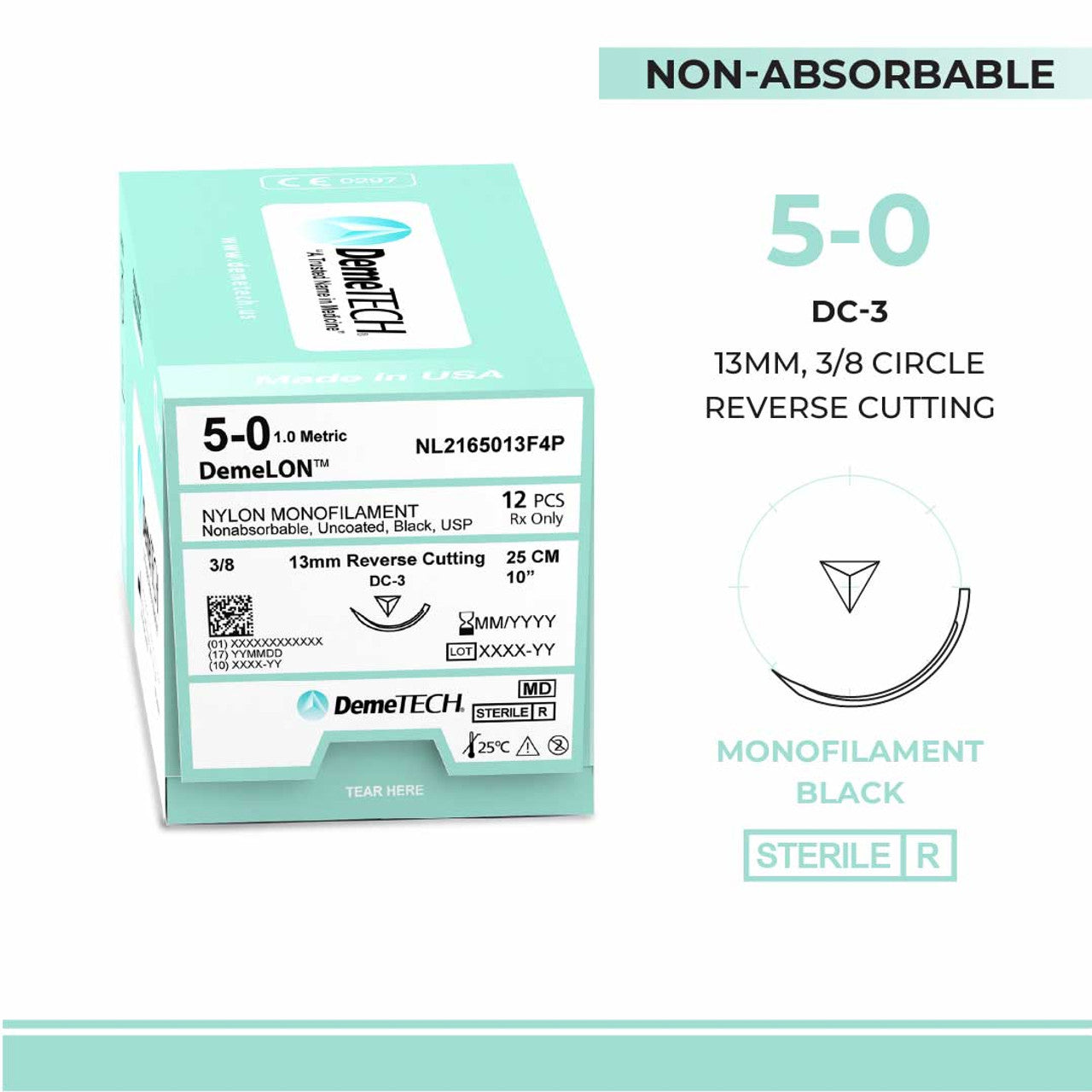 Nylon Monofilament, 5-0, 10", DC-3 Non-Absorbable Suture, Reverse Cutting, Black 12/Box