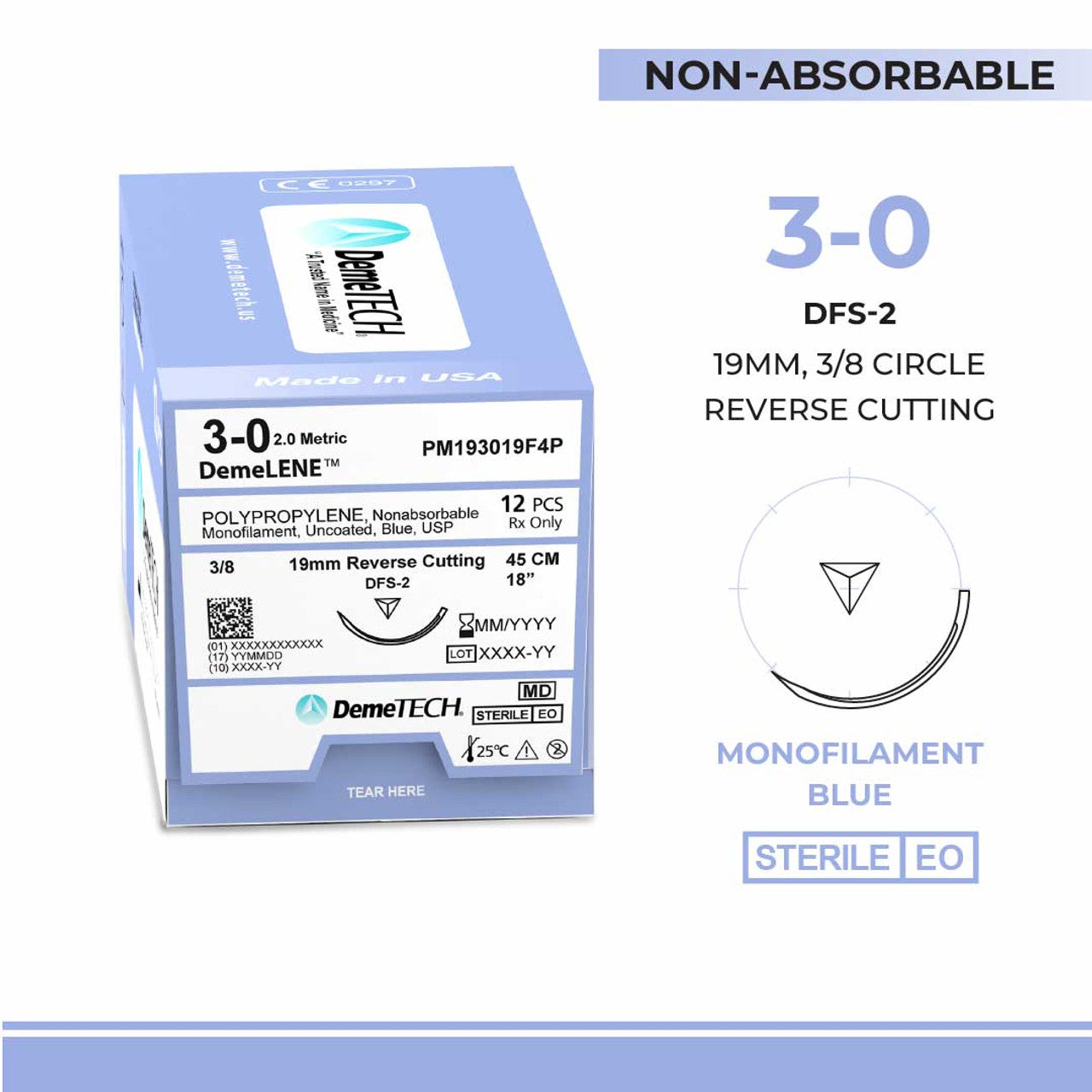 Polypropylene, 3-0, 18", DFS-2 Non-Absorbable Suture, Reverse Cutting, Blue 12/Box