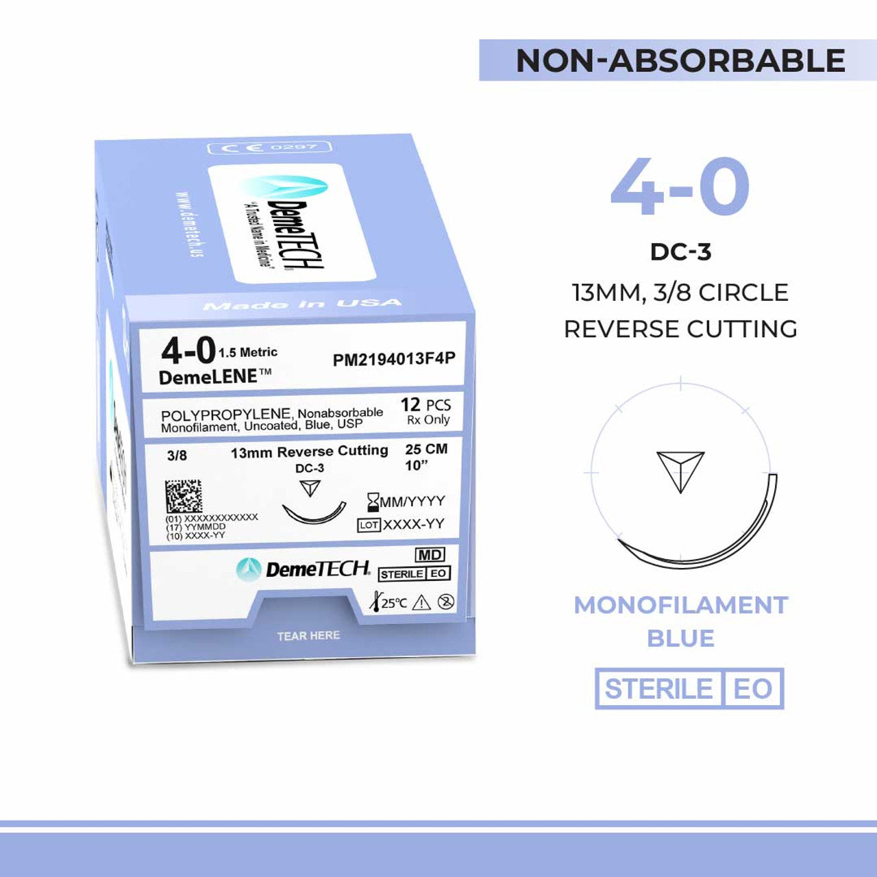 Polypropylene, 4-0, 10", DC-3 Non-Absorbable Suture, Precision Point Reverse Cutting, Blue 12/Box